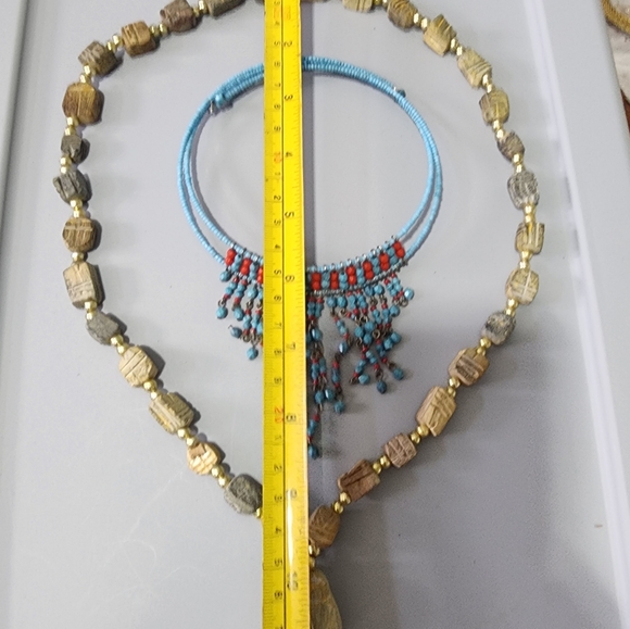 Turquoise Red Beaded Boho W Carved Scarab Natual Carved Necklace Jewelry Bundle - Picture 9 of 10